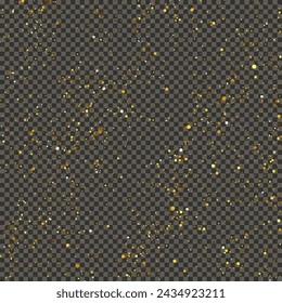Gold glittering dust on a gray transparent background. Dust with gold glitter effect and empty space for your text.  Vector illustration