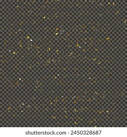 Gold glittering dust on a gray transparent background. Dust with gold glitter effect and empty space for your text.  Vector illustration