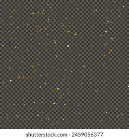 Gold glittering dust on a gray transparent background. Dust with gold glitter effect and empty space for your text.  Vector illustration