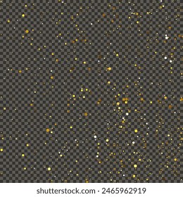 Gold glittering dust on a gray transparent background. Dust with gold glitter effect and empty space for your text.  Vector illustration