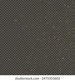 Gold glittering dust on a gray transparent background. Dust with gold glitter effect and empty space for your text.  Vector illustration