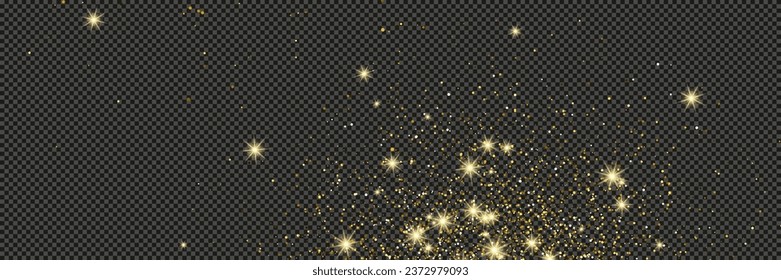 Gold glittering dust with stars on a gray transparent background. Dust with gold glitter effect and empty space for your text.  Vector illustration