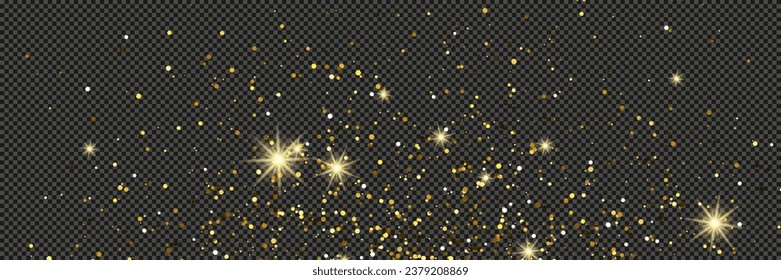 Gold glittering dust with stars on a gray transparent background. Dust with gold glitter effect and empty space for your text.  Vector illustration