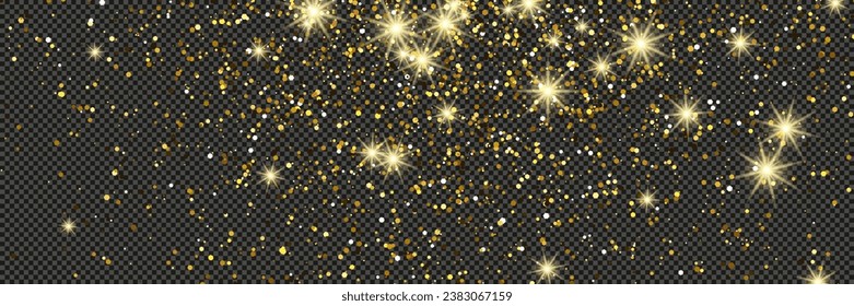 Gold glittering dust with stars on a gray transparent background. Dust with gold glitter effect and empty space for your text.  Vector illustration