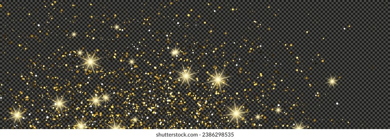 Goldener glänzender Staub mit Sternen auf grauem, transparentem Hintergrund. Staub mit goldenem Glittereffekt und leerer Platz für Ihren Text.  Vektorgrafik