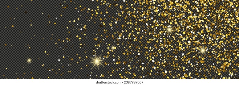 El oro luce polvo con estrellas en un fondo gris transparente. Polvo con efecto de brillo dorado y espacio vacío para tu texto.  Ilustración del vector