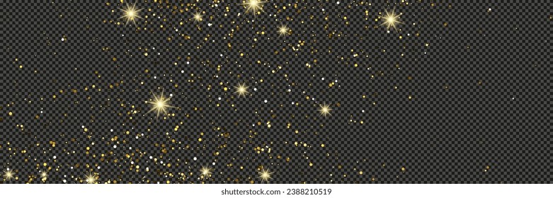 Gold glittering dust with stars on a gray transparent background. Dust with gold glitter effect and empty space for your text.  Vector illustration