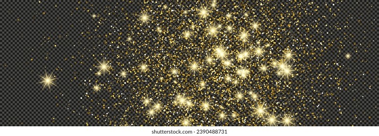 El oro luce polvo con estrellas en un fondo gris transparente. Polvo con efecto de brillo dorado y espacio vacío para tu texto.  Ilustración del vector