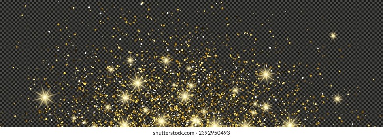 Gold glittering dust with stars on a gray transparent background. Dust with gold glitter effect and empty space for your text.  Vector illustration