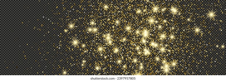 El oro luce polvo con estrellas en un fondo gris transparente. Polvo con efecto de brillo dorado y espacio vacío para tu texto.  Ilustración del vector