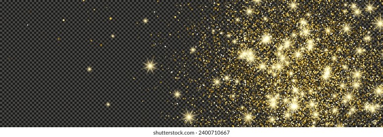 El oro luce polvo con estrellas en un fondo gris transparente. Polvo con efecto de brillo dorado y espacio vacío para tu texto.  Ilustración del vector