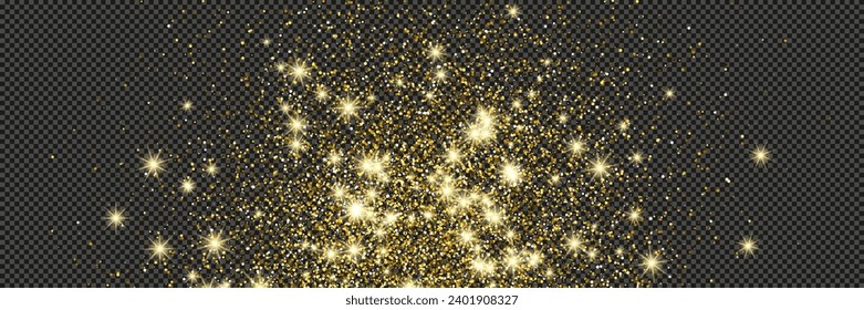 El oro luce polvo con estrellas en un fondo gris transparente. Polvo con efecto de brillo dorado y espacio vacío para tu texto.  Ilustración del vector