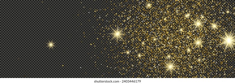 Gold glittering dust with stars on a gray transparent background. Dust with gold glitter effect and empty space for your text.  Vector illustration