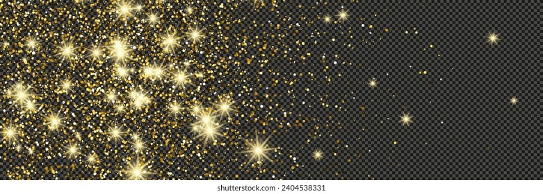 Gold glittering dust with stars on a gray transparent background. Dust with gold glitter effect and empty space for your text.  Vector illustration