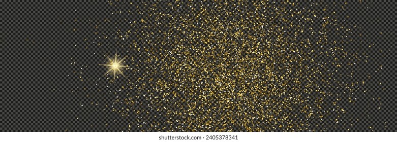 El oro luce polvo con estrellas en un fondo gris transparente. Polvo con efecto de brillo dorado y espacio vacío para tu texto.  Ilustración del vector