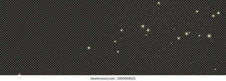 Gold glittering dust with stars on a gray transparent background. Dust with gold glitter effect and empty space for your text.  Vector illustration