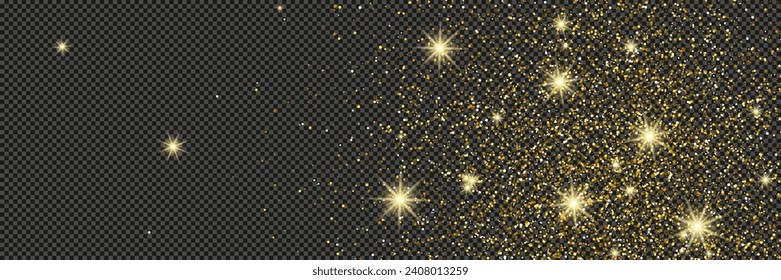 Gold glittering dust with stars on a gray transparent background. Dust with gold glitter effect and empty space for your text.  Vector illustration