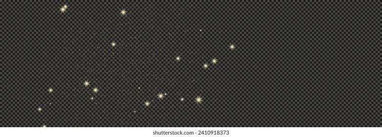 Gold glittering dust with stars on a gray transparent background. Dust with gold glitter effect and empty space for your text.  Vector illustration
