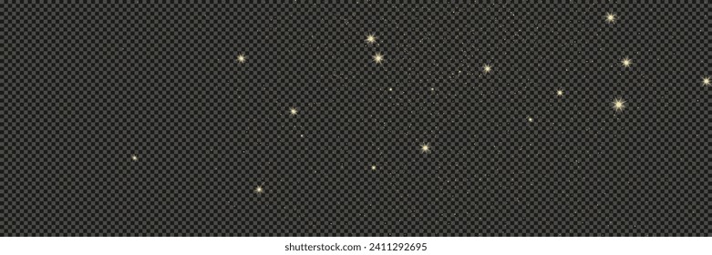 Gold glittering dust with stars on a gray transparent background. Dust with gold glitter effect and empty space for your text.  Vector illustration