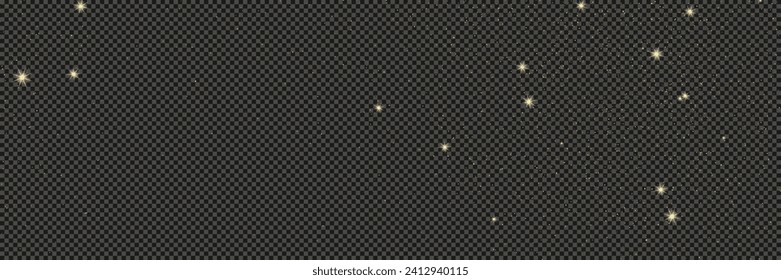 Gold glittering dust with stars on a gray transparent background. Dust with gold glitter effect and empty space for your text.  Vector illustration