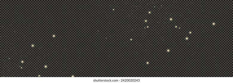 Gold glittering dust with stars on a gray transparent background. Dust with gold glitter effect and empty space for your text.  Vector illustration