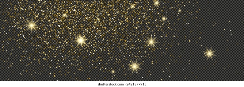 Gold glittering dust with stars on a gray transparent background. Dust with gold glitter effect and empty space for your text.  Vector illustration