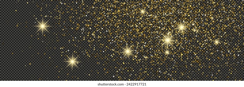Gold glittering dust with stars on a gray transparent background. Dust with gold glitter effect and empty space for your text.  Vector illustration