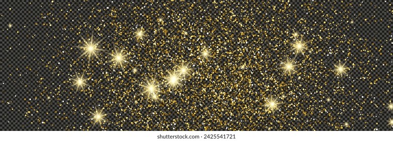 Gold glittering dust with stars on a gray transparent background. Dust with gold glitter effect and empty space for your text.  Vector illustration