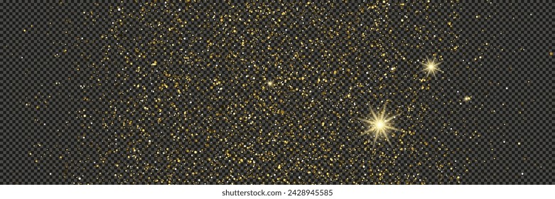 Gold glittering dust with stars on a gray transparent background. Dust with gold glitter effect and empty space for your text.  Vector illustration