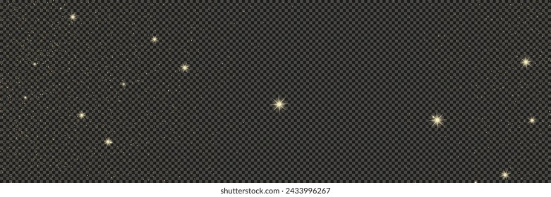 Gold glittering dust with stars on a gray transparent background. Dust with gold glitter effect and empty space for your text.  Vector illustration