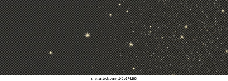 Gold glittering dust with stars on a gray transparent background. Dust with gold glitter effect and empty space for your text.  Vector illustration