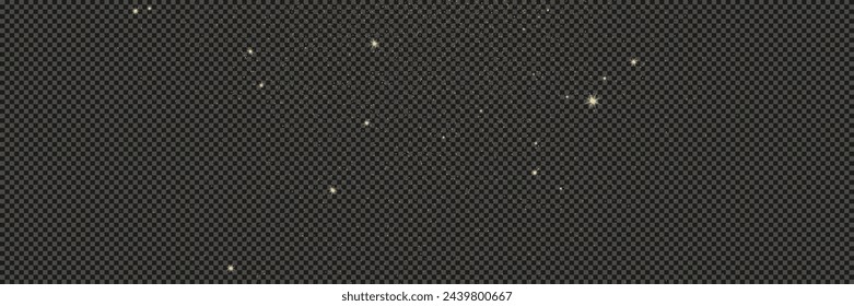 Gold glittering dust with stars on a gray transparent background. Dust with gold glitter effect and empty space for your text.  Vector illustration