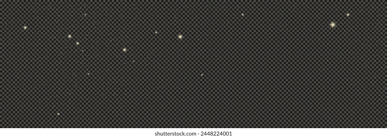 Gold glittering dust with stars on a gray transparent background. Dust with gold glitter effect and empty space for your text.  Vector illustration