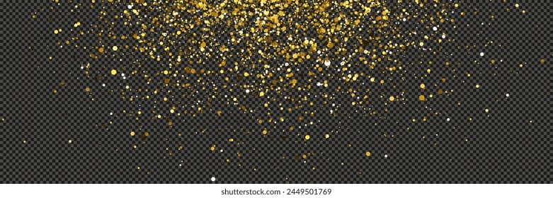 Gold glittering dust with stars on a gray transparent background. Dust with gold glitter effect and empty space for your text.  Vector illustration