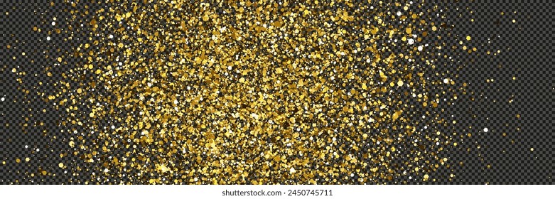 Gold glittering dust with stars on a gray transparent background. Dust with gold glitter effect and empty space for your text.  Vector illustration