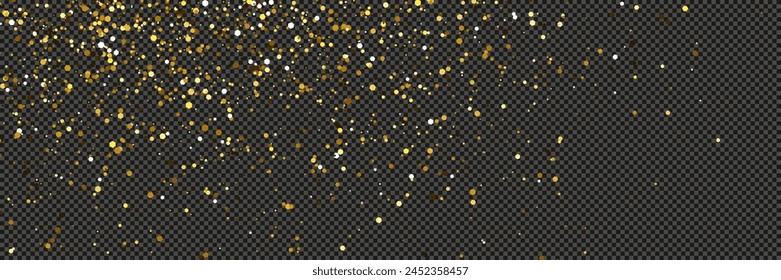 Gold glittering dust with stars on a gray transparent background. Dust with gold glitter effect and empty space for your text.  Vector illustration