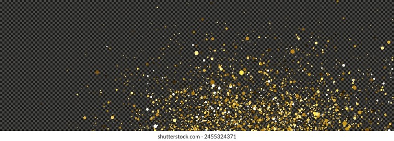 Gold glitzernder Staub mit Sternen auf einem grauen transparenten Hintergrund. Staub mit Goldglitzer-Effekt und leerem Raum für Ihren Text.  Vektorillustration