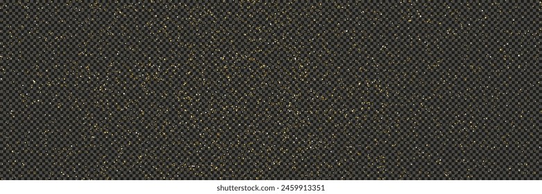 Gold glittering dust with stars on a gray transparent background. Dust with gold glitter effect and empty space for your text.  Vector illustration