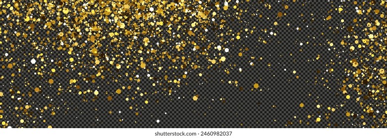 Gold glittering dust with stars on a gray transparent background. Dust with gold glitter effect and empty space for your text.  Vector illustration