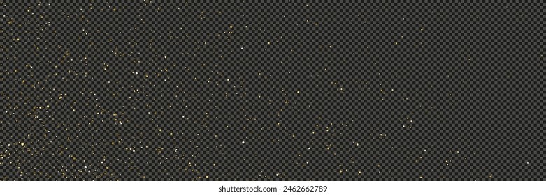 Polvo dorado brillante con estrellas sobre un fondo gris transparente. Polvo con efecto de brillo dorado y espacio vacío para su texto.  Ilustración vectorial