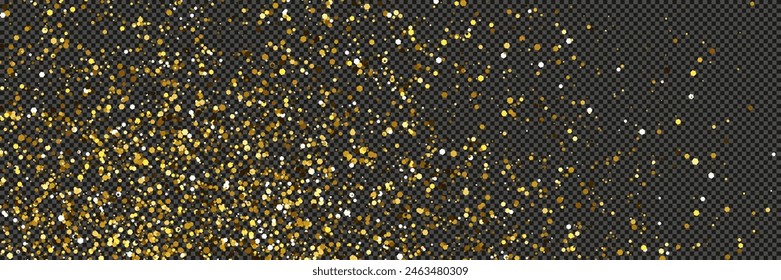 Gold glittering dust with stars on a gray transparent background. Dust with gold glitter effect and empty space for your text.  Vector illustration