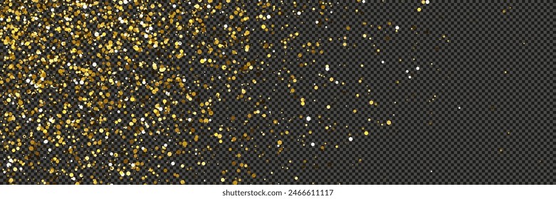 Gold glittering dust with stars on a gray transparent background. Dust with gold glitter effect and empty space for your text.  Vector illustration