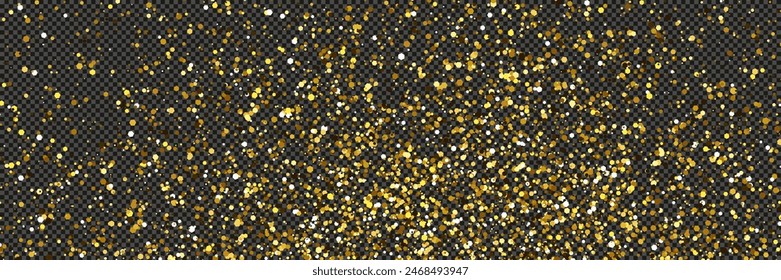 Gold glittering dust with stars on a gray transparent background. Dust with gold glitter effect and empty space for your text.  Vector illustration