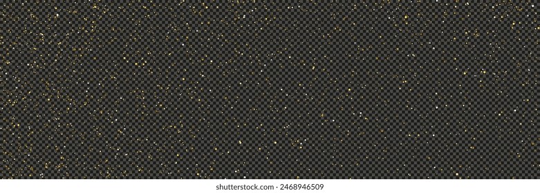 Gold glittering dust with stars on a gray transparent background. Dust with gold glitter effect and empty space for your text.  Vector illustration