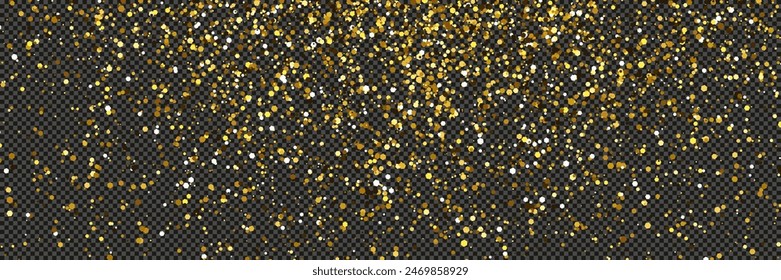 Gold glittering dust with stars on a gray transparent background. Dust with gold glitter effect and empty space for your text.  Vector illustration