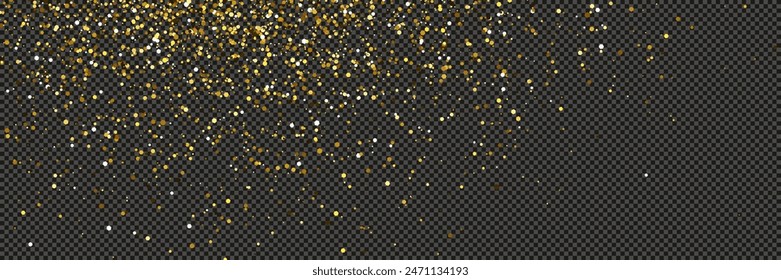 Gold glittering dust with stars on a gray transparent background. Dust with gold glitter effect and empty space for your text.  Vector illustration