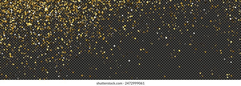 Gold glittering dust with stars on a gray transparent background. Dust with gold glitter effect and empty space for your text.  Vector illustration