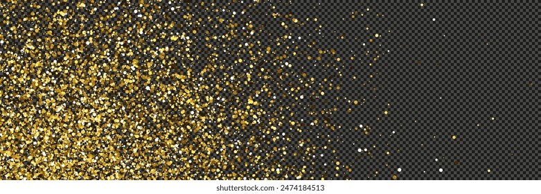 Polvo dorado brillante con estrellas sobre un fondo gris transparente. Polvo con efecto de brillo dorado y espacio vacío para su texto.  Ilustración vectorial