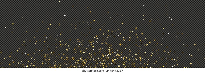 Gold glittering dust with stars on a gray transparent background. Dust with gold glitter effect and empty space for your text.  Vector illustration