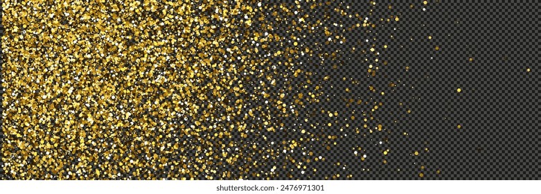 Gold glittering dust with stars on a gray transparent background. Dust with gold glitter effect and empty space for your text.  Vector illustration